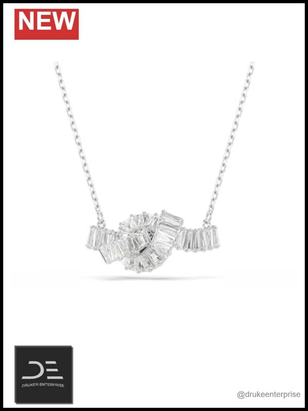 Swarovski Crystal Baguette Knot Pendant Necklace Rhodium Plated